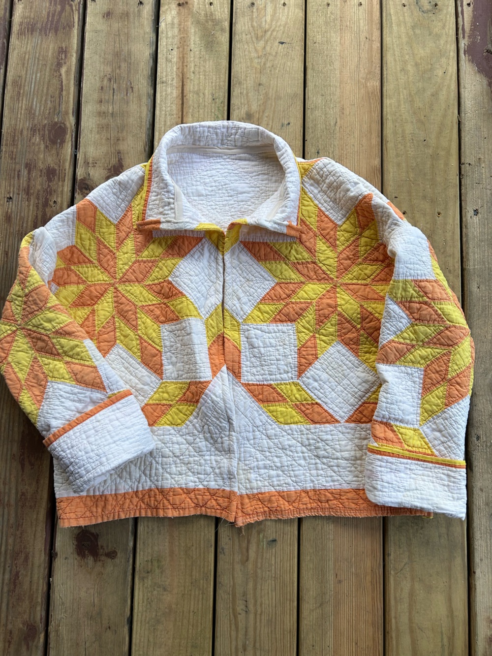 Vintage Quilt Patchwork Jacket in White with Orange & Yellow Star